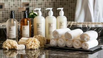 deluxe dusch bekvämligheter Inklusive kropp scrubs tvålar och luffar för gäster till rengöra och föryngra deras hud. foto