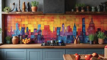 en djärv och färgrik stenciled mural av en livliga stadsbild lägger till karaktär och djup till en enkel kök Stänkskydd foto