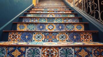 en djärv och färgrik mönster av marockanskt inspirerad plattor varelse noggrant p förbi plattsättare på en trappa tillsats en Rör av exotism till en Hem foto