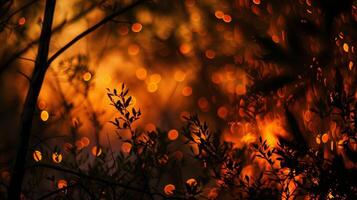 de omgivande träd är silhouetted mot de orange glöd av de brand skapande en pittoresk bakgrund. 2d platt tecknad serie foto