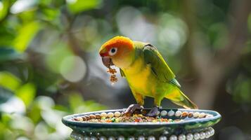 en små papegoja uppflugen på en bejeweled fågel stå njuter en tjänande av gourmet fågelfrö från en pärlemorprydd mat maträtt foto
