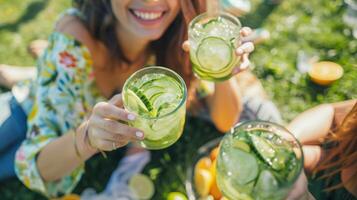 en picknick i de parkera firande för de först dag av vår med uppfriskande gurka citronsaft mocktails och en spel av frisbee foto