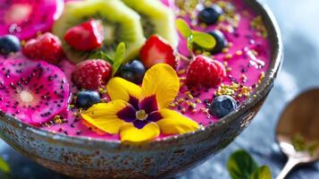 en tropisk frukt smoothie skål dekorerad med skivad kiwi och drake frukt i de form av tropisk blommor foto