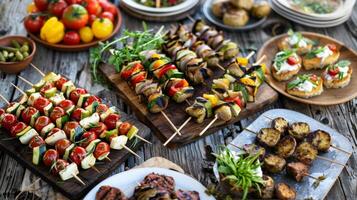 ett array av tallrikar fylld med ljuvlig finger livsmedel från grillad vegetabiliska grillspett till mini caprese biter uppsättning på en rustik trä- tabell foto