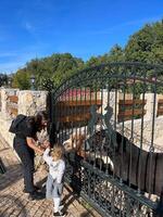 mamma med en liten flicka matning en ponny Bakom en metall staket i de parkera foto