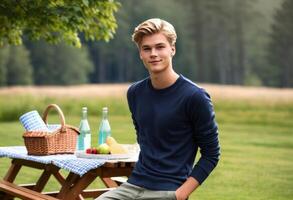 leende ung vuxen manlig njuter en sommar picknick i de parkera, perfekt för livsstil teman, utomhus- fritid, och internationell picknick dag begrepp foto