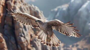 gyrfalcon är flygande i de luft jakt för byte, en berg och en klippa bakgrund. foto