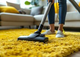 kvinna rengöring med Vakuum rengöringsmedel matta i de levande rum på Hem genererad förbi ai. foto