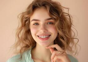 ung kvinna leende, som visar henne tandställning genererad förbi ai. foto