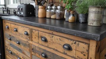 en rustik bondgård kök renovering ställer ut svart metall skåp drar och gångjärn perfekt kompletterar de bedrövad trä skåp och ger de Plats en charmig ett foto