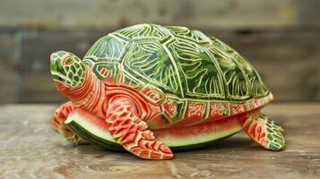 en mästerlig träsnideri av en vattenmelon in i de form av en hav sköldpadda med detaljerad markeringar och mönster etsade till de svål foto