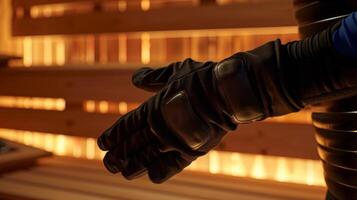 en person bär bastu handskar till skydda deras hud från brännskador medan rörande de varm ytor. foto