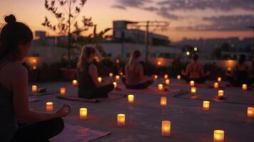 de taket Plats kommande till liv med de glöd av ljus styrning de yogis genom deras öva. 2d platt tecknad serie foto