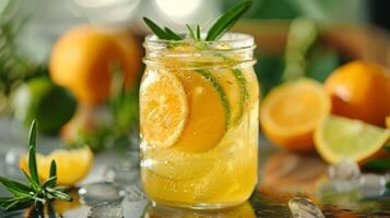 en mocktail tillverkad med gnistrande vatten färsk citrus- juicer och en stänk av honung eras i en elegant murare burk foto