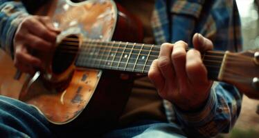 de ljud av mild strumming fyllningar de luft som en musiker sjunger handla om hans resa mot återhämtning foto