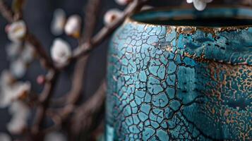 en lång cylindrisk vas med en grov kornig textur påminner av träd bark införlivande delikat blommig motiv i nyanser av blå och grön. foto