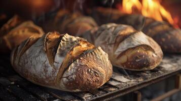 ångande bröd av hjärtlig surdeg bröd bakad i en vedeldad ugn är de epitome av rustik charm. de svag doft av rökighet från de ugn lägger till en djup av smak till eac foto