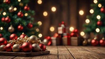 festlig suddig bakgrund med tömma trä- yta. gnistrande jul träd, jul bollar, gåva lådor. vinter- firande begrepp. Plats för text. för affisch, hälsning kort, reklam foto