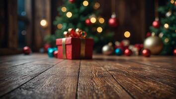 festlig suddig bakgrund med tömma trä- yta. gåva låda, gnistrande jul träd. vinter- firande begrepp. Plats för text. för affisch, hälsning kort, reklam foto