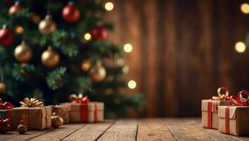festlig suddig bakgrund med tömma trä- yta. gåva lådor med röd rosett, jul träd. vinter- firande begrepp. Plats för text. för affisch, hälsning kort, reklam foto