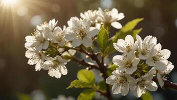 stänga upp av en blomning gren med vit blommor med värma naturlig vår Sol belysning på de bakgrund foto