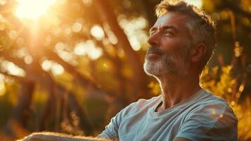 en man praktiserande mindfulness tar en ögonblick till fokus på hans andas och vara närvarande i de ögonblick under hans wellness resa foto