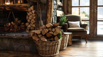 en stack av ved sitter ordentligt i en rustik trä- korg tillsats till de naturlig charm av de rum. 2d platt tecknad serie foto
