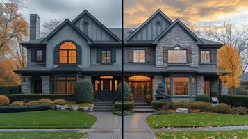 en före och efter skott av en hem exteriör med de vänster sida som visar traditionell enkelruta fönster och de rätt sida terar modern dubbelglaserad fönster. de rubrik läsa foto