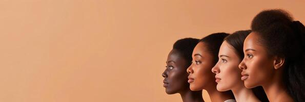 ai genererad olika kvinnor med varierande hud toner stående sida förbi sida foto