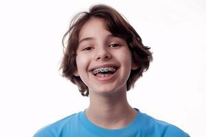 ai genererad glad tonåring med tandställning leende på en vit bakgrund foto