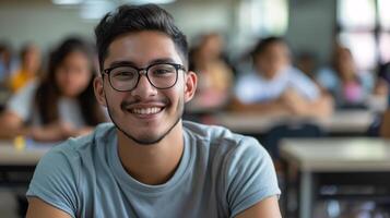 glad latino högskola studerande leende i klassrum miljö foto