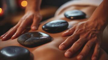 varm sten massage terapi på tillbaka med skicklig praktiker händer foto
