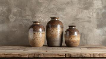 en trio av vaser med en spräcklig sandliknande textur skapas förbi skiktning annorlunda nyanser av glasyr till uppnå en naturlig och organisk känna. foto