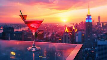 en fantastisk se av de stad horisont på solnedgång med en person njuter en fint cocktail på en taket bar foto