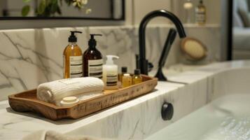 en trä- bricka fylld med lyxig bad Produkter sitter Nästa till de badkar redo för du till klema bort själv. 2d platt tecknad serie foto