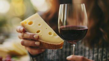 en kvinna innehar upp en skiva av krämig nötliknande gouda ost och en glas av rik och fyllig alkoholfri röd vin njuter de kombination av smaker foto