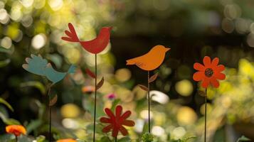 en uppsättning av trädgård markörer i nyckfull former tycka om fåglar fjärilar och solar tillsats en Rör av fantasier till några trädgård Plats. foto