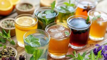 en räckvidd av ört- teer och juicer varelse eras visa upp alternativ alternativ för alkoholfri drycker foto