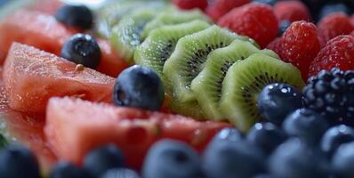 närbild av en färgrik frukt tallrik terar färsk bär saftig vattenmelon och skivad kiwi eras på en nykter söndag rolig dag sammankomst foto