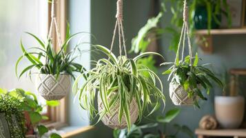 en trio av hängande Spindel växter i macrame planteringsmaskiner föra frodighet och en Rör av de vild in i en mysigt rum foto