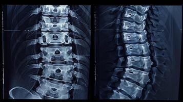 en innan och efter jämförelse Foto av en patienter spinal röntgenstrålar highlighting de förbättring och inriktning efter införlivande både kiropraktik vård och infraröd bastu sessioner i deras
