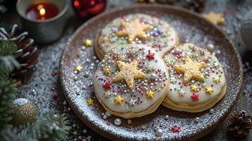 som de snö falls utanför värma upp förbi de brand med dessa nyckfullt dekorerad pannkakor terar glittrande stjärnor och färgrik fe- damm foto