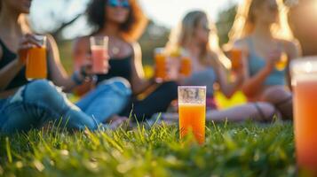 en grupp av människor njuter en efter träningen sträcka på en gräs- fält med glasögon av färsk juice i hand foto