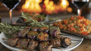 en eldig solnedgång i de bakgrund uppsättningar de humör för en smakrik fest av anbud lamm kebab och eldkyssad äggplantor frammanande de väsen av de medelhavs foto