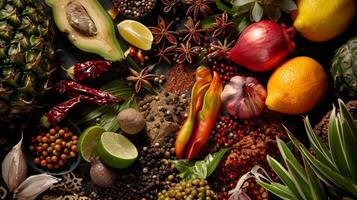 en skön spridning av färgrik och aromatisk Ingredienser är visas representerar de olika array av tropisk smaker hittades i de område foto