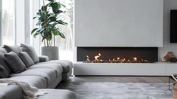 detta elegant öppen spis funktioner en dubbelsidigt design med en enkel vit mantel och en svart metall eldstad. de lågor Lägg till en Rör av värme och atmosfär till de minimalistisk 2d platt tecknad serie foto