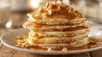 en stack av fluffig kokos pannkakor duggregnat med värma lönn sirap och stänkte med knaprig macadamia nötter foto