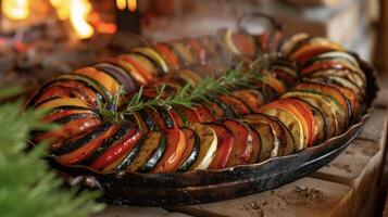 med en medley av färgrik och förkolnade grönsaker detta eldstaden ratatouille är en rustik och välsmakande glädje det är Säker till uppfylla på några kall natt förbi de brand foto