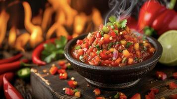skaffa sig redo till känna de bränna med detta flammande salsa terar eldig habanero paprikor och lågor i de bakgrund. en djärv och utsökt val för e älskande foto