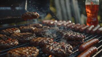 de grill bemästra sakkunnigt vänder hamburgare och varm hundar ibland tar en smutta av en kall soda mellan vända foto